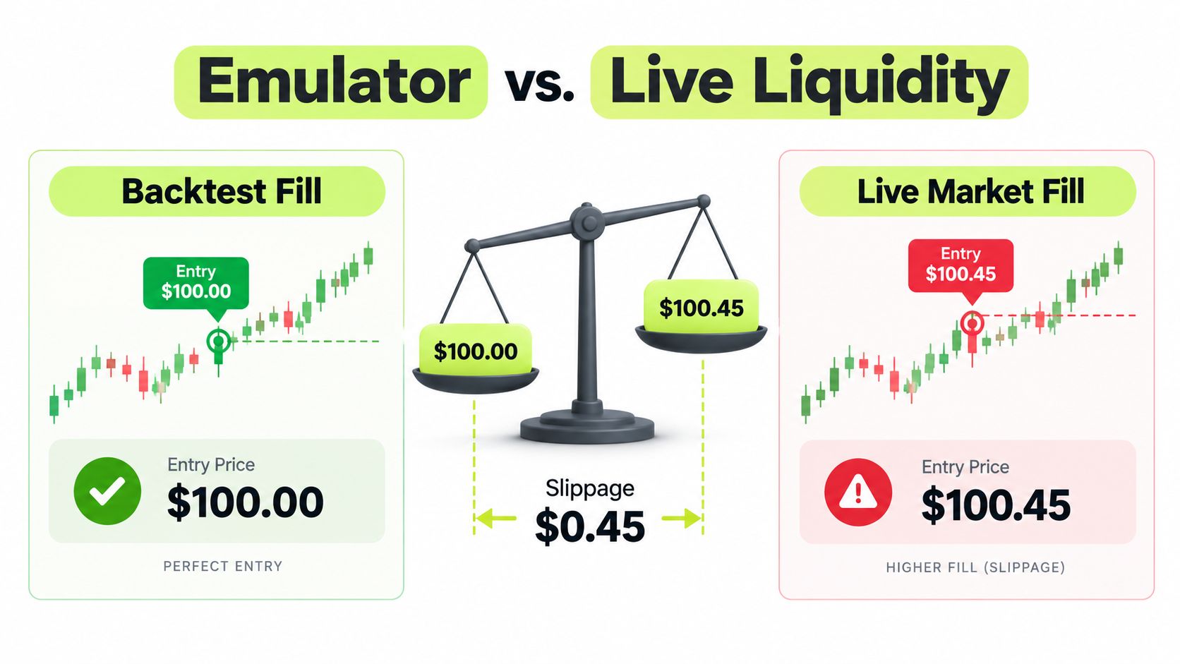 A comparison illustration showing the difference between backtest fills and live market liquidity using slippage examples.