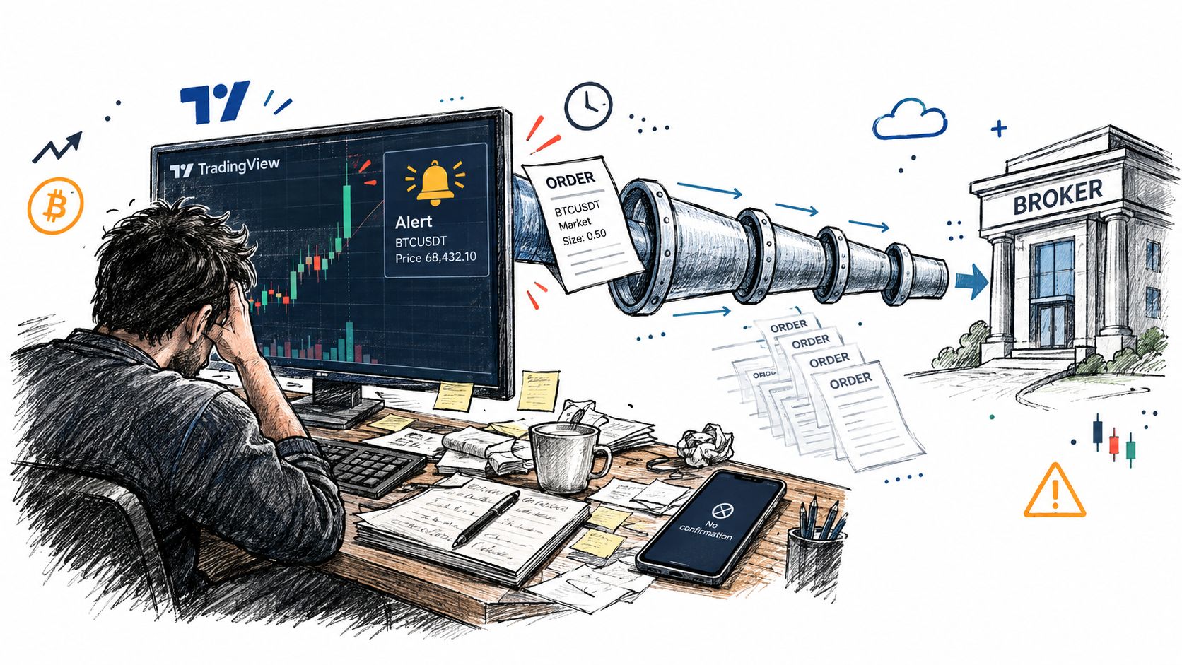 A trader looking stressed while automated orders travel from a TradingView screen to a broker building.