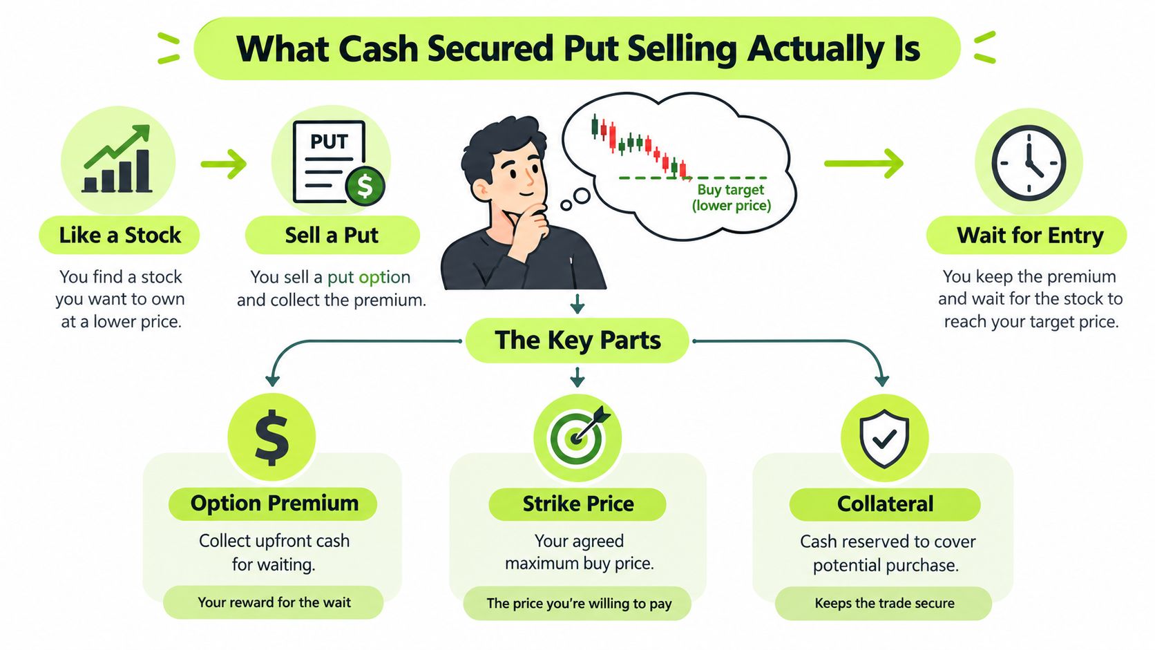 An infographic explaining the mechanics of cash secured put selling with a breakdown of key components.