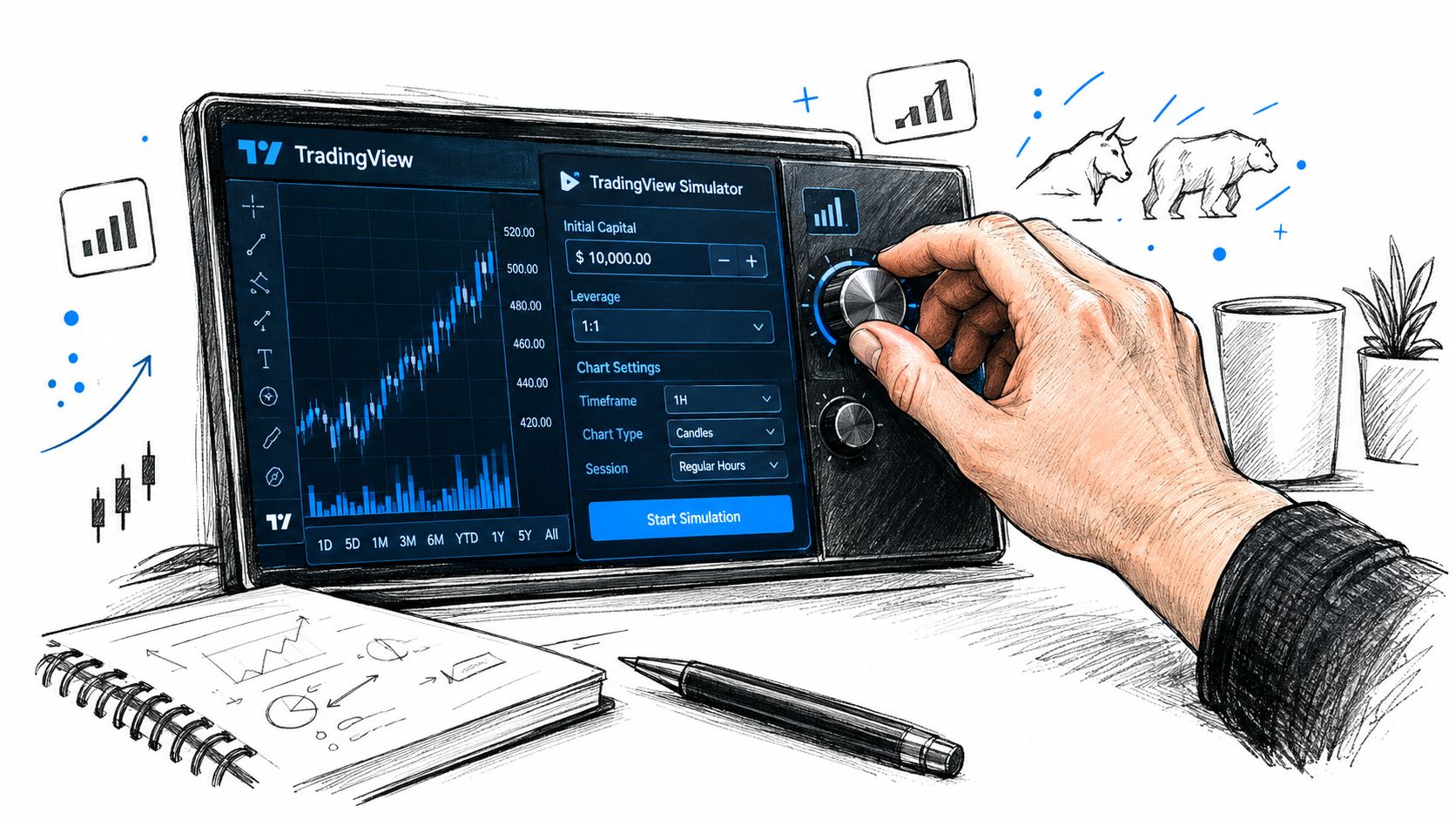 A hand adjusts settings on a digital trading simulator display featuring stock charts and market analysis tools.