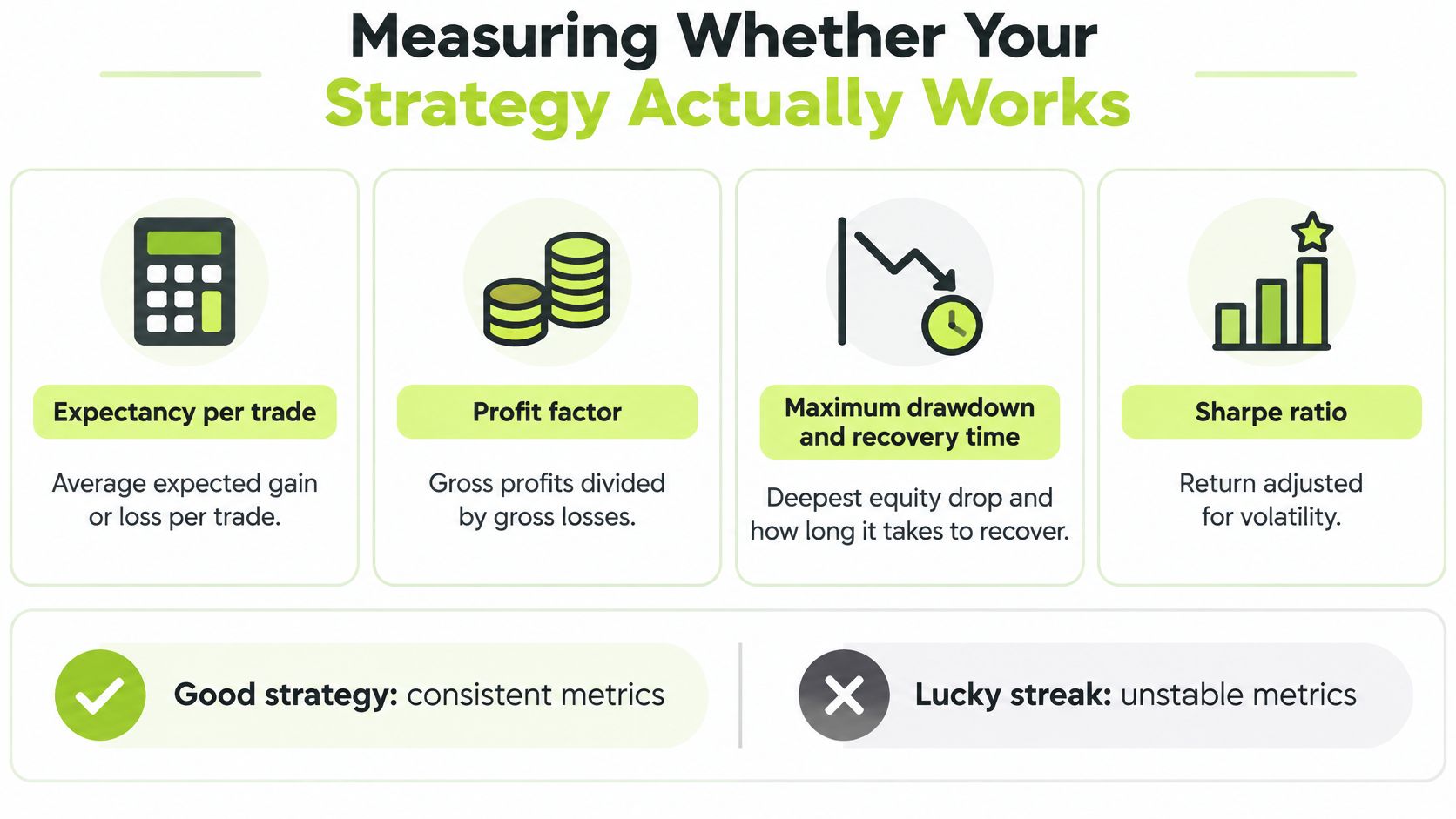 An infographic illustrating four key metrics to measure trading strategy effectiveness: expectancy, profit factor, drawdown, and Sharpe ratio.