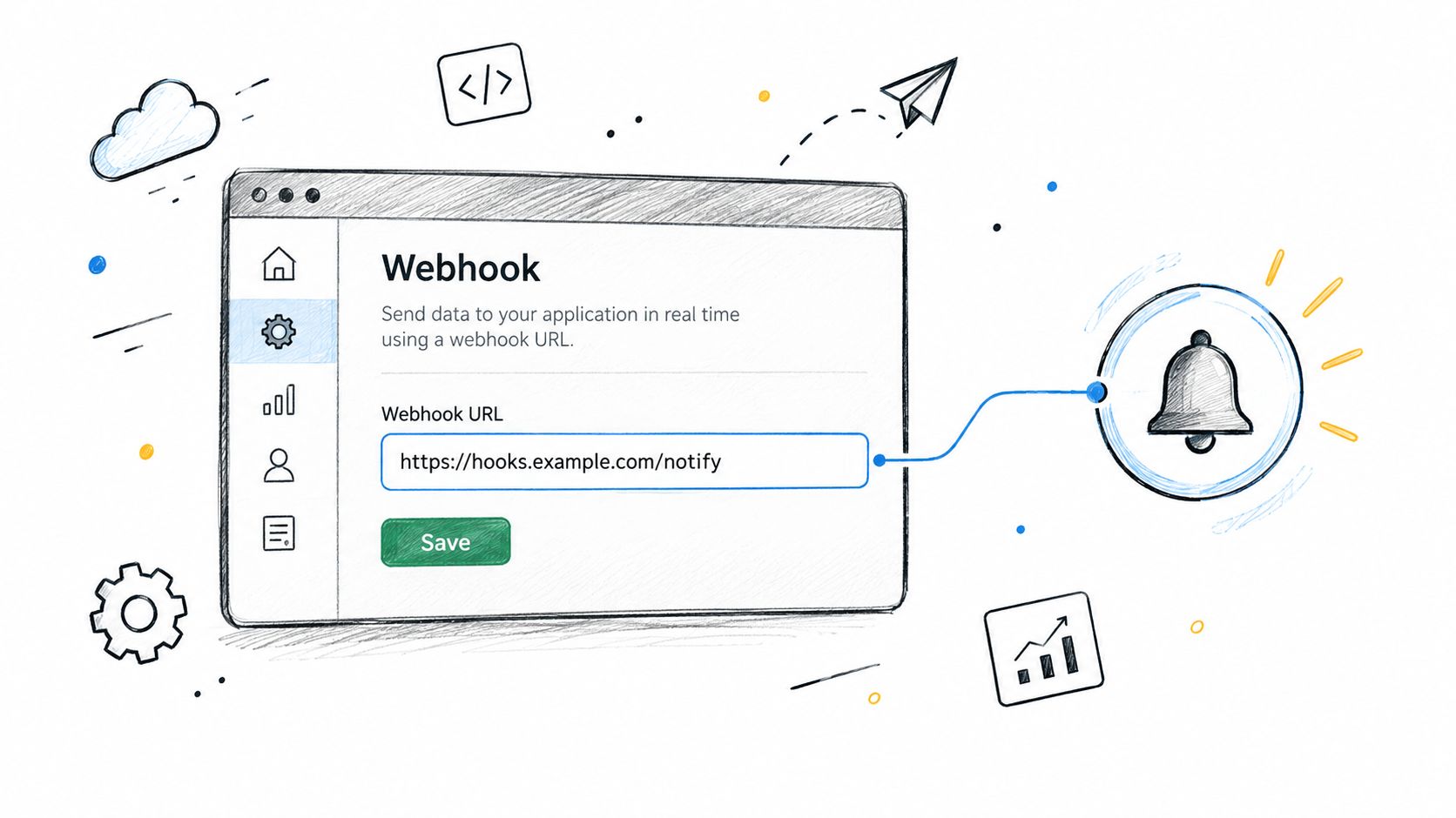 A hand-drawn illustration showing a software interface for setting up a webhook URL for notifications.