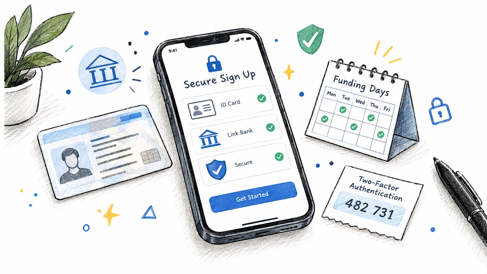 A hand-drawn illustration showing a smartphone app for secure financial sign up, identity verification, and banking features.