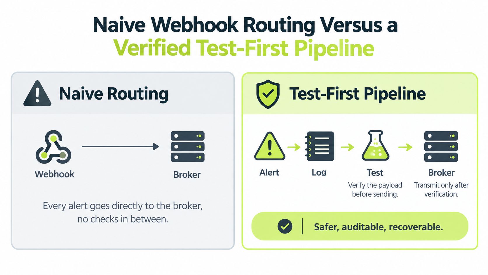 A diagram comparing naive webhook routing to a secure, verified test-first pipeline for automated data transmission.