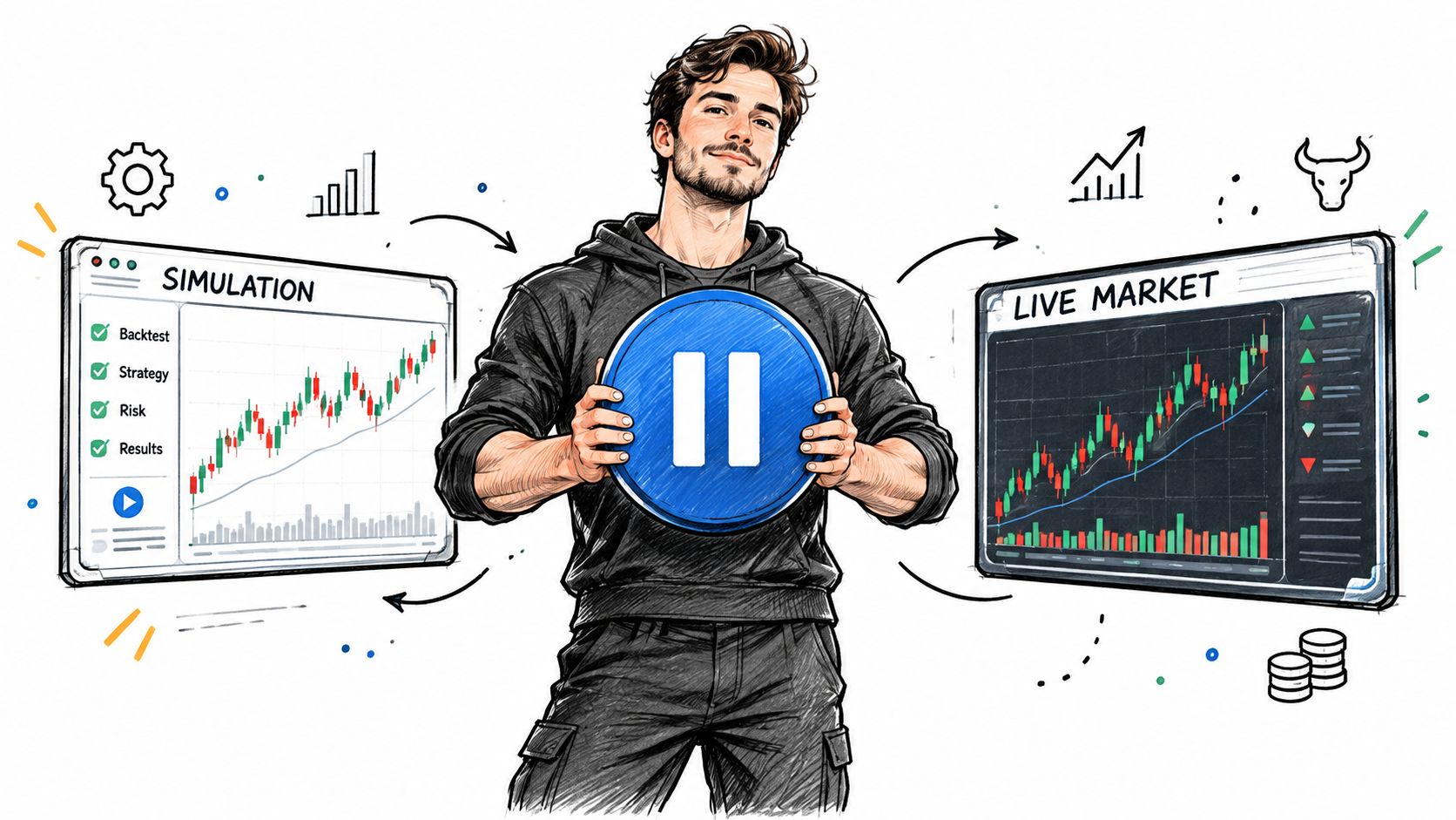 A young man holding a pause button between simulation and live market trading platform interfaces.