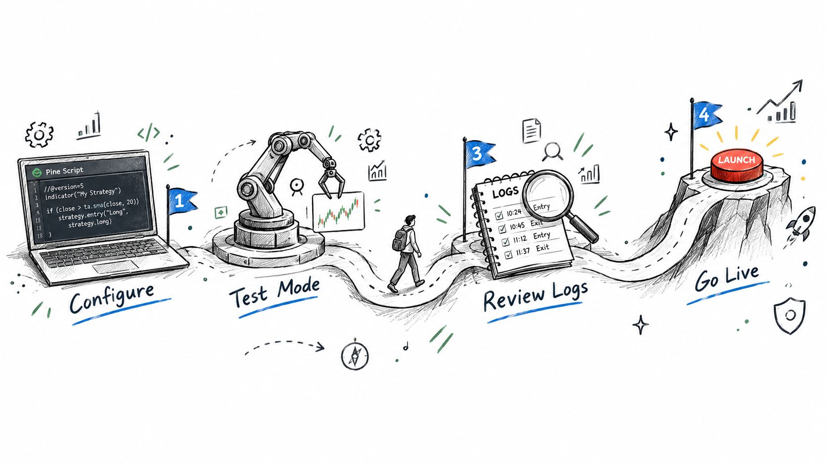 A hand-drawn illustration depicting a four-step process for automating a trading strategy from configuration to launch.