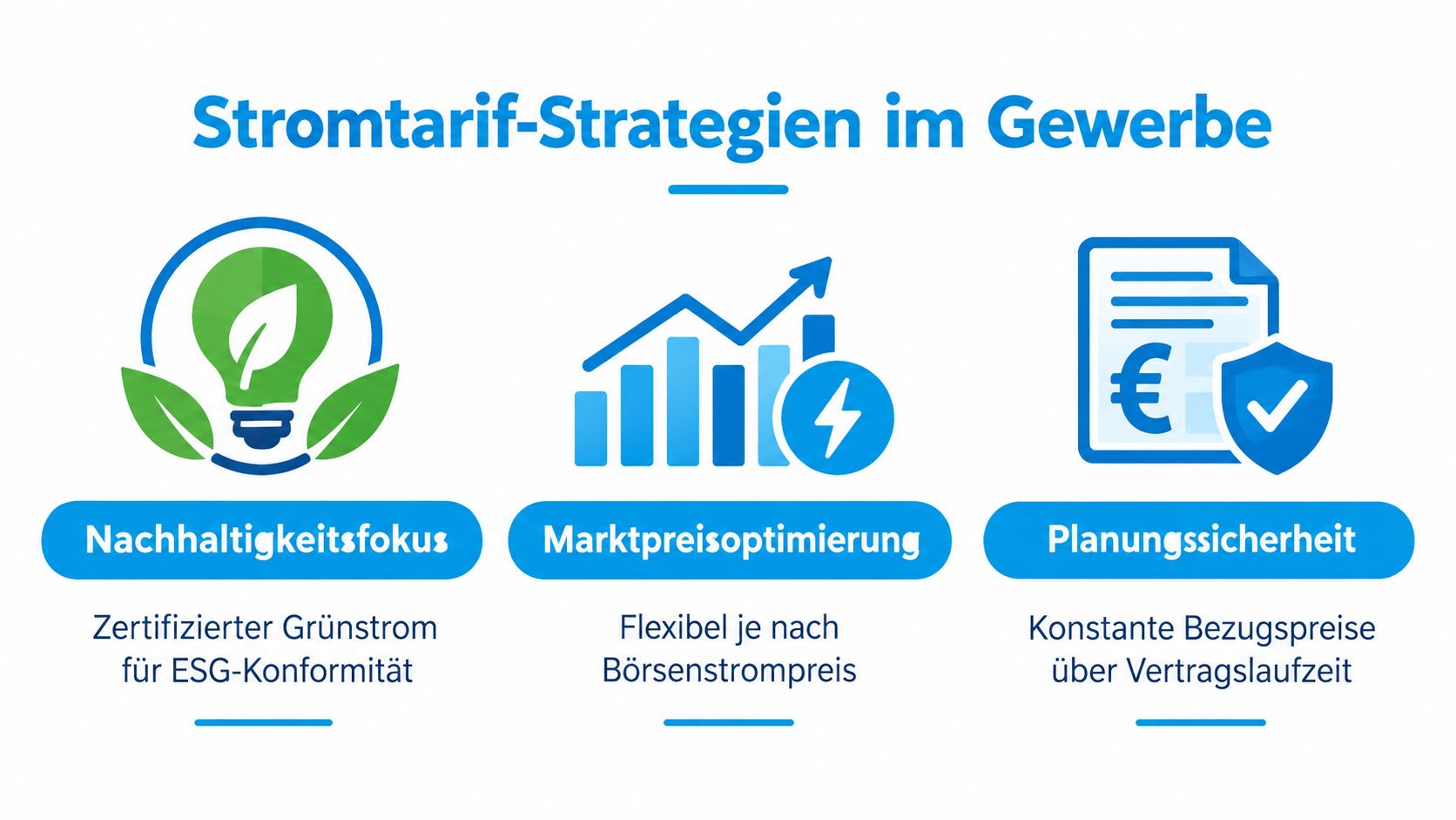 Eine Infografik, die drei Stromtarif-Strategien für Gewerbekunden mit den Schwerpunkten Nachhaltigkeit, Marktpreisoptimierung und Planungssicherheit übersichtlich präsentiert.