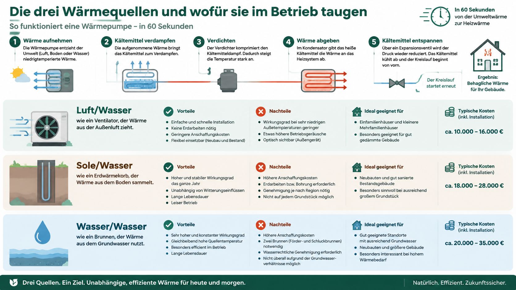 Infografik zur Funktionsweise von Wärmepumpen und dem Vergleich der Systeme Luft-, Sole- und Wasser-Wasser-Wärmepumpen.