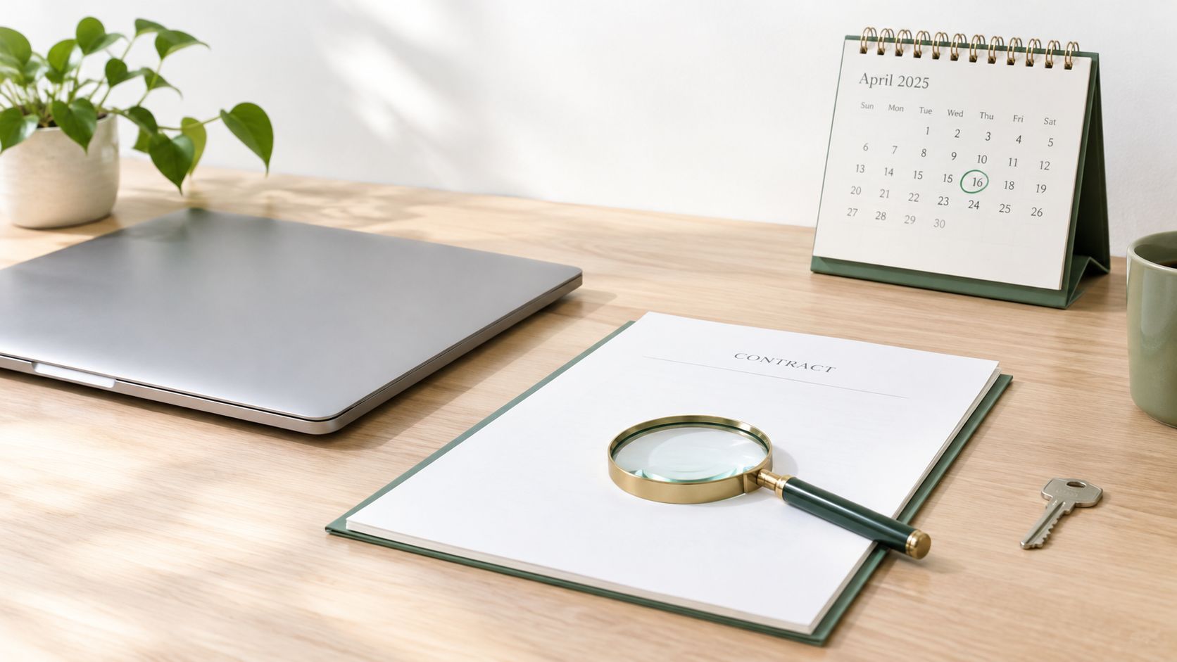 Ein eleganter Schreibtisch mit Laptop, Vertrag, Lupe, Schlüssel und einem Kalender für April 2025.
