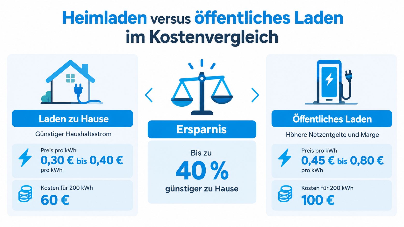 Vergleich der Ladekosten für Elektroautos zwischen dem Laden zu Hause und dem öffentlichen Laden mit Einsparpotenzial.