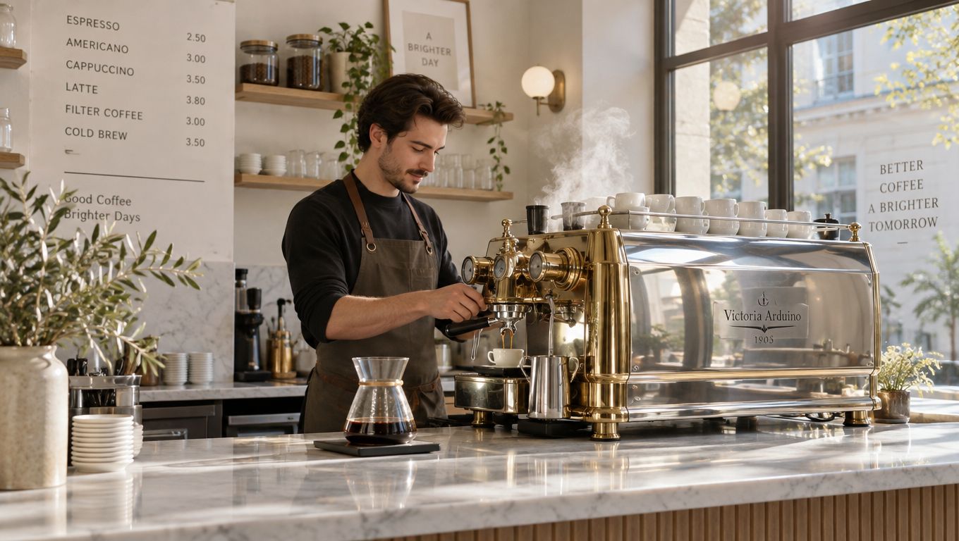 Ein junger Barista bereitet in einem hellen Café mit einer glänzenden Siebträgermaschine frisch gebrühten Espresso zu.