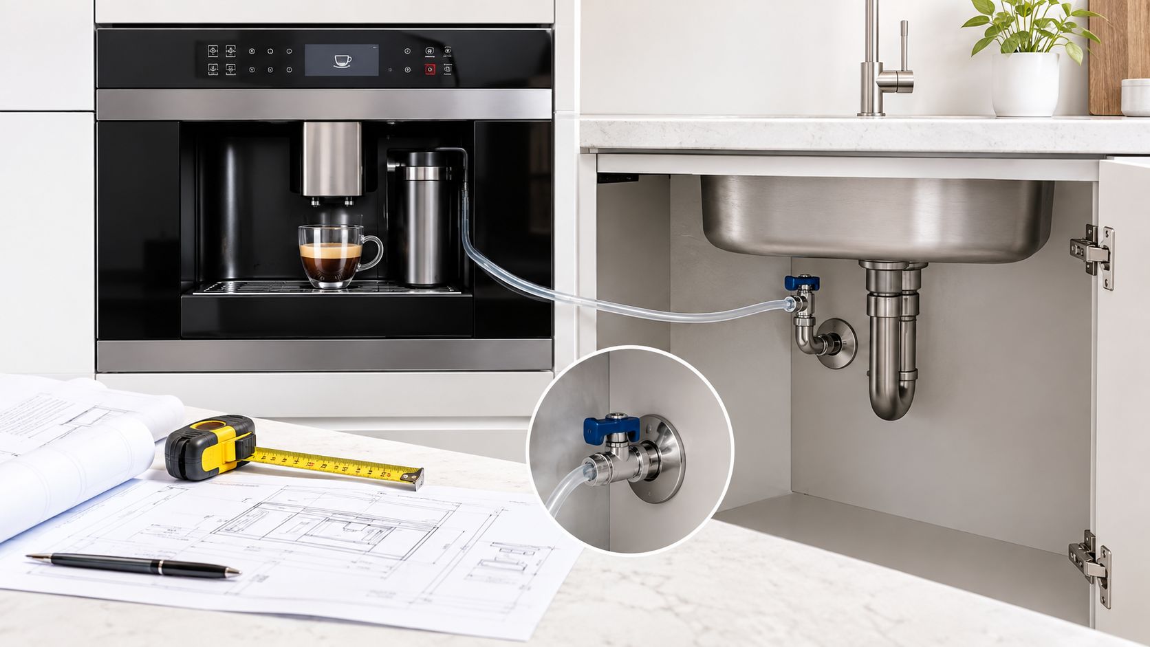 Einbau-Kaffeevollautomat mit direktem Wasseranschluss unter der Spüle und technischen Planungsunterlagen auf dem Küchentresen.