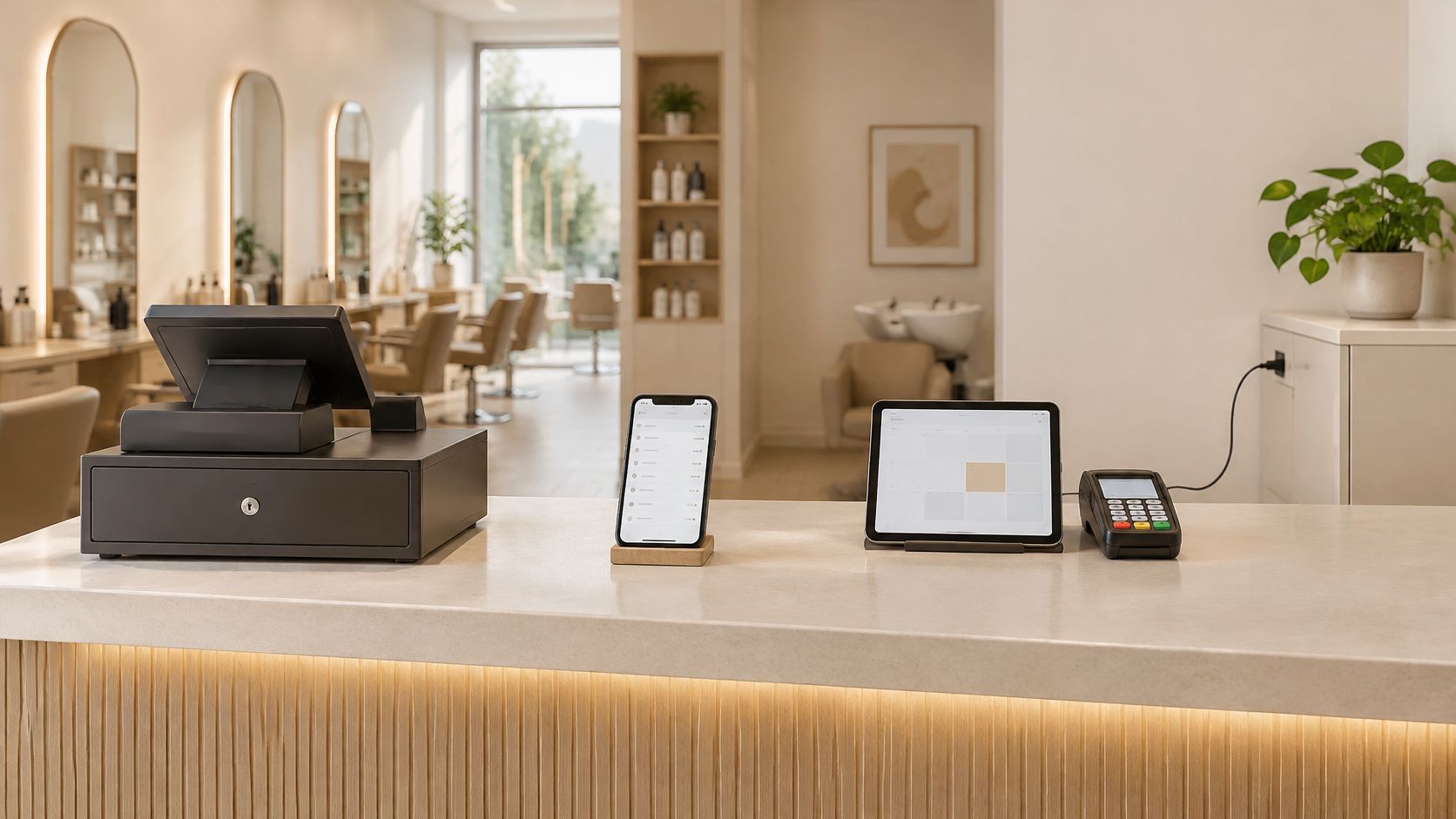 Ein moderner Empfangstresen in einem Friseursalon mit Kassensystem, Tablet, Smartphone und einem Kreditkartenlesegerät auf einer hellen Arbeitsfläche.