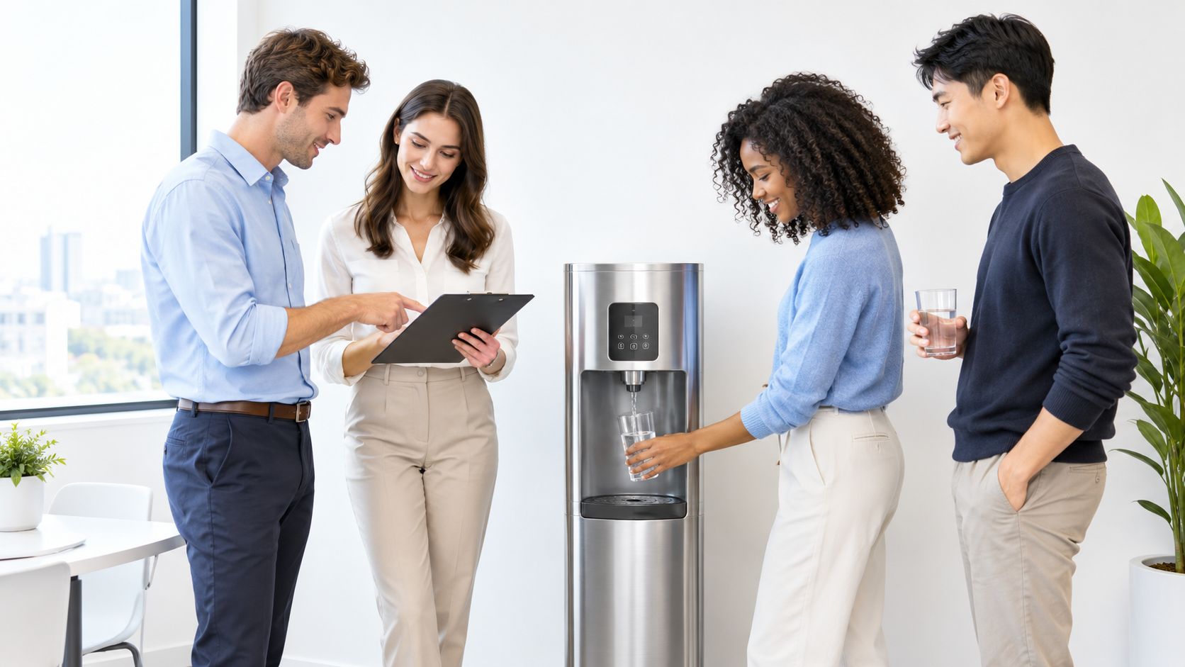 Ein Team von Büroangestellten interagiert fröhlich während der Nutzung eines modernen Wasserspenders im hellen Büro.