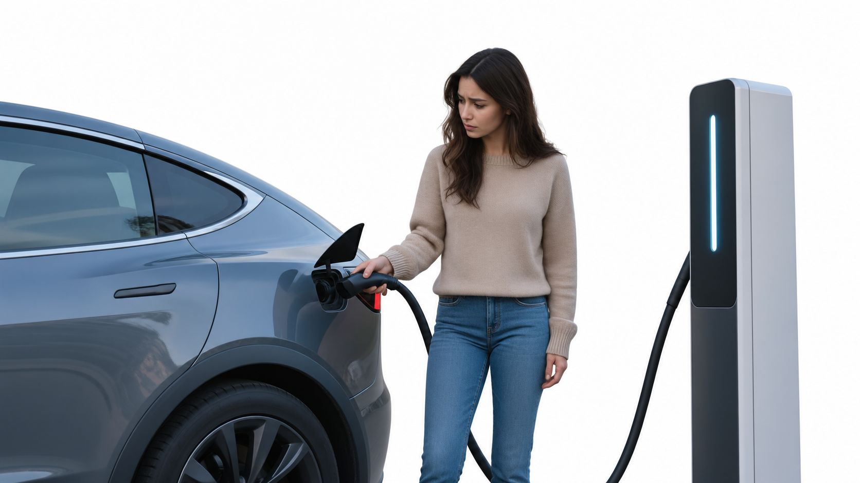 Eine junge Frau betrachtet nachdenklich den Ladevorgang ihres grauen Elektroautos an einer modernen Ladestation im Freien.