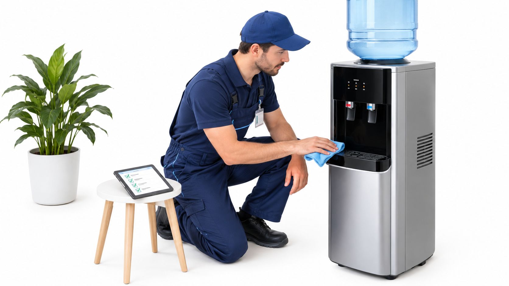 Ein Techniker in blauer Arbeitskleidung reinigt professionell einen modernen Wasserspender mit einem hellblauen Tuch in einem hellen Raum.