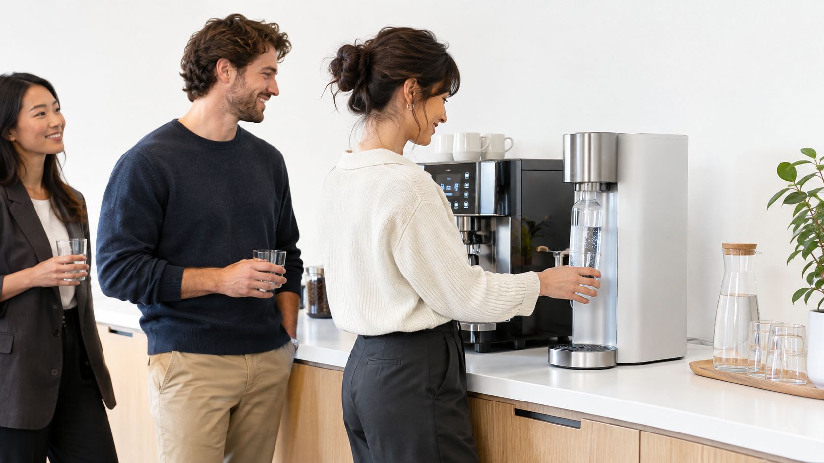 Eine junge Frau füllt eine Flasche an einem Wassersprudler in einer modernen Büroküche mit Kollegen im Hintergrund.