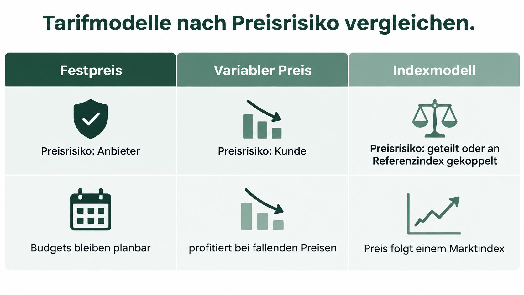 Vergleich von Tarifmodellen wie Festpreis, variabler Preis und Indexmodell nach dem jeweiligen Preisrisiko und Eigenschaften.