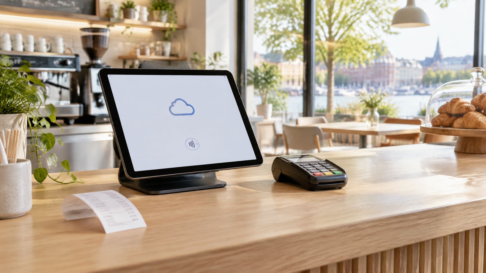 Ein modernes Kassensystem mit Tablet und Kartenlesegerät auf einem hölzernen Tresen in einem gemütlichen Café.