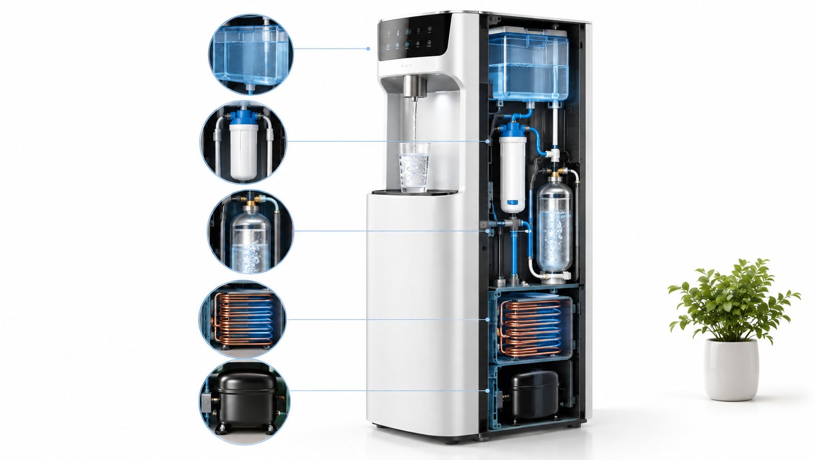 Querschnitt eines modernen Wasserspender Standgeräts mit sichtbaren internen Komponenten wie Filter, Wassertank und Kompressor für eine effiziente Kühlung.