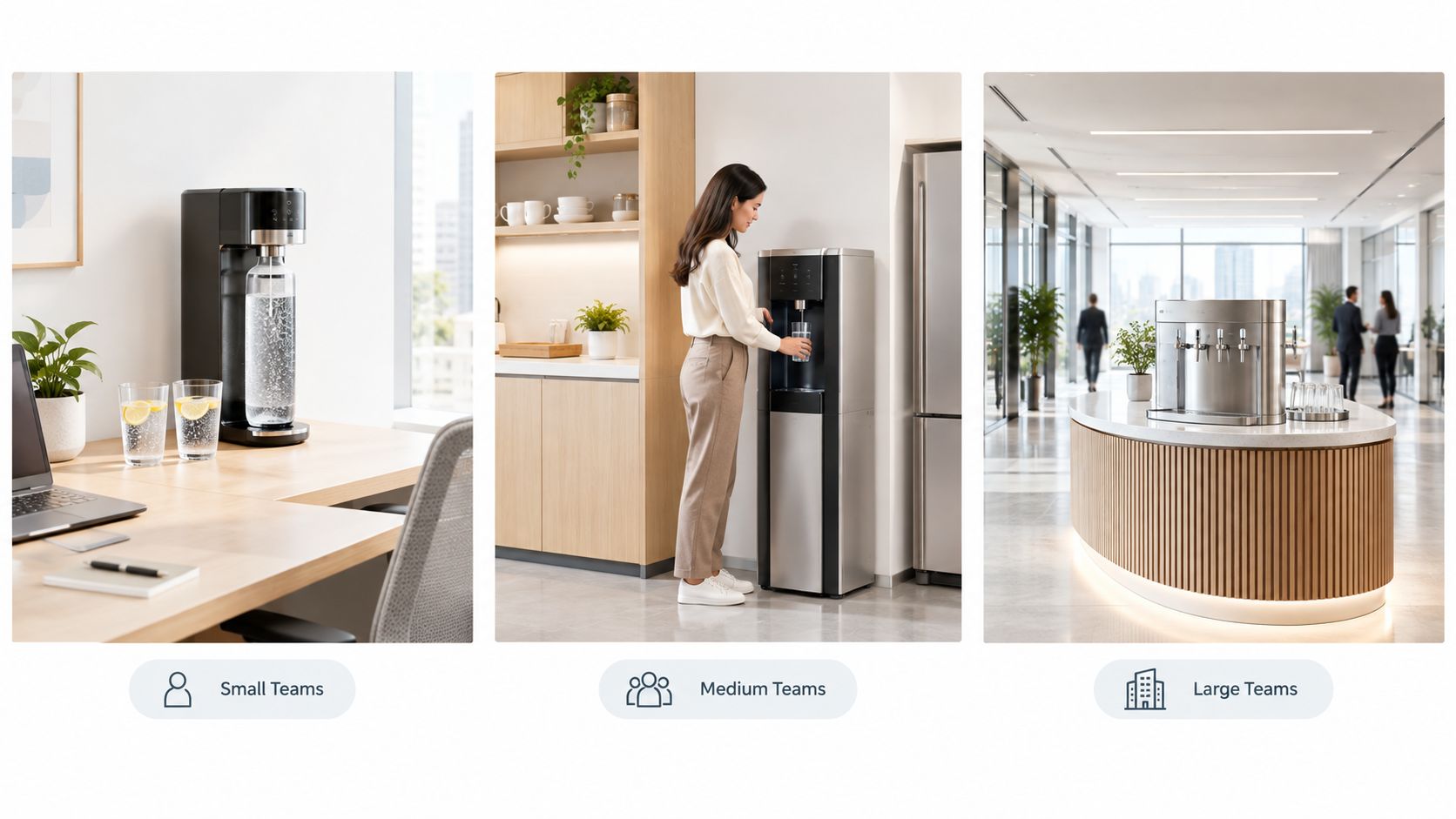 Drei verschiedene Wassersprudler und Wasserspender für kleine, mittlere und große Büroteams in moderner Arbeitsumgebung.
