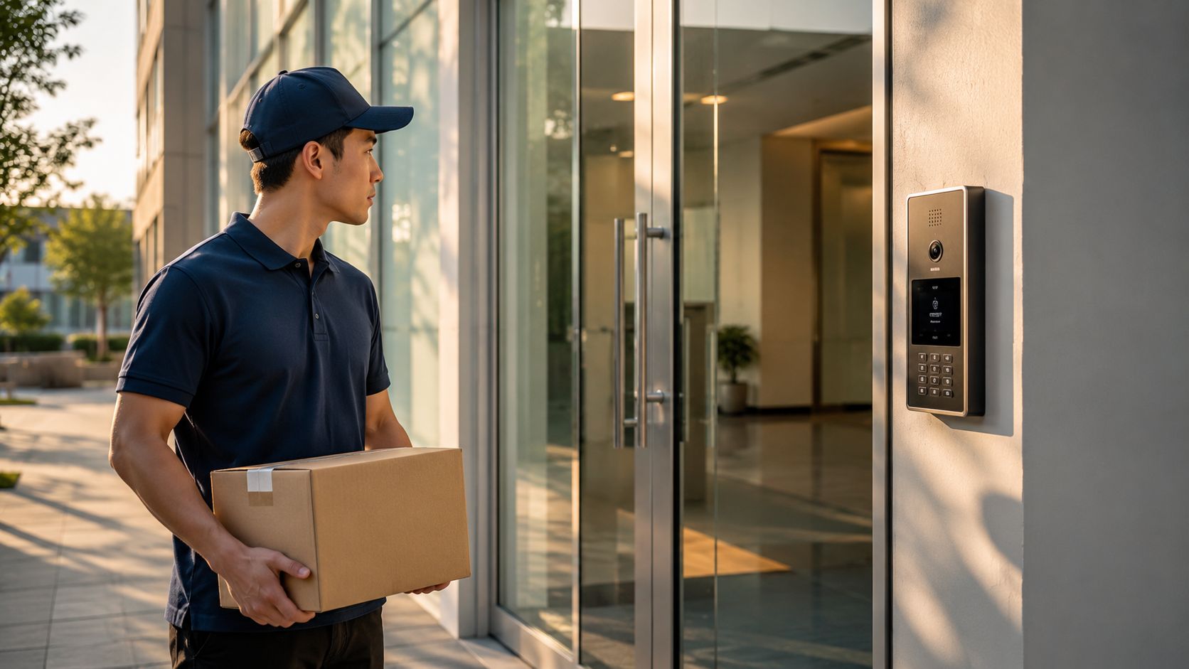 Ein Paketbote hält ein braunes Paket vor einer modernen Büro-Eingangstür mit installierter elektronischer Gegensprechanlage.