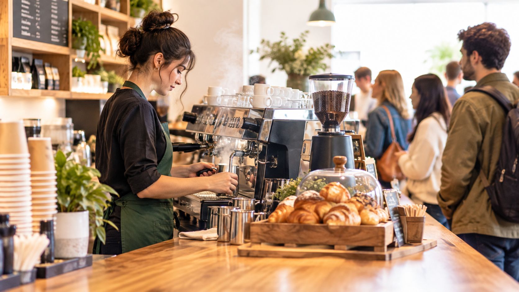 Eine Barista bereitet in einem gemütlichen Café professionell mit einer Kaffeemaschine frische Getränke für wartende Kunden zu.