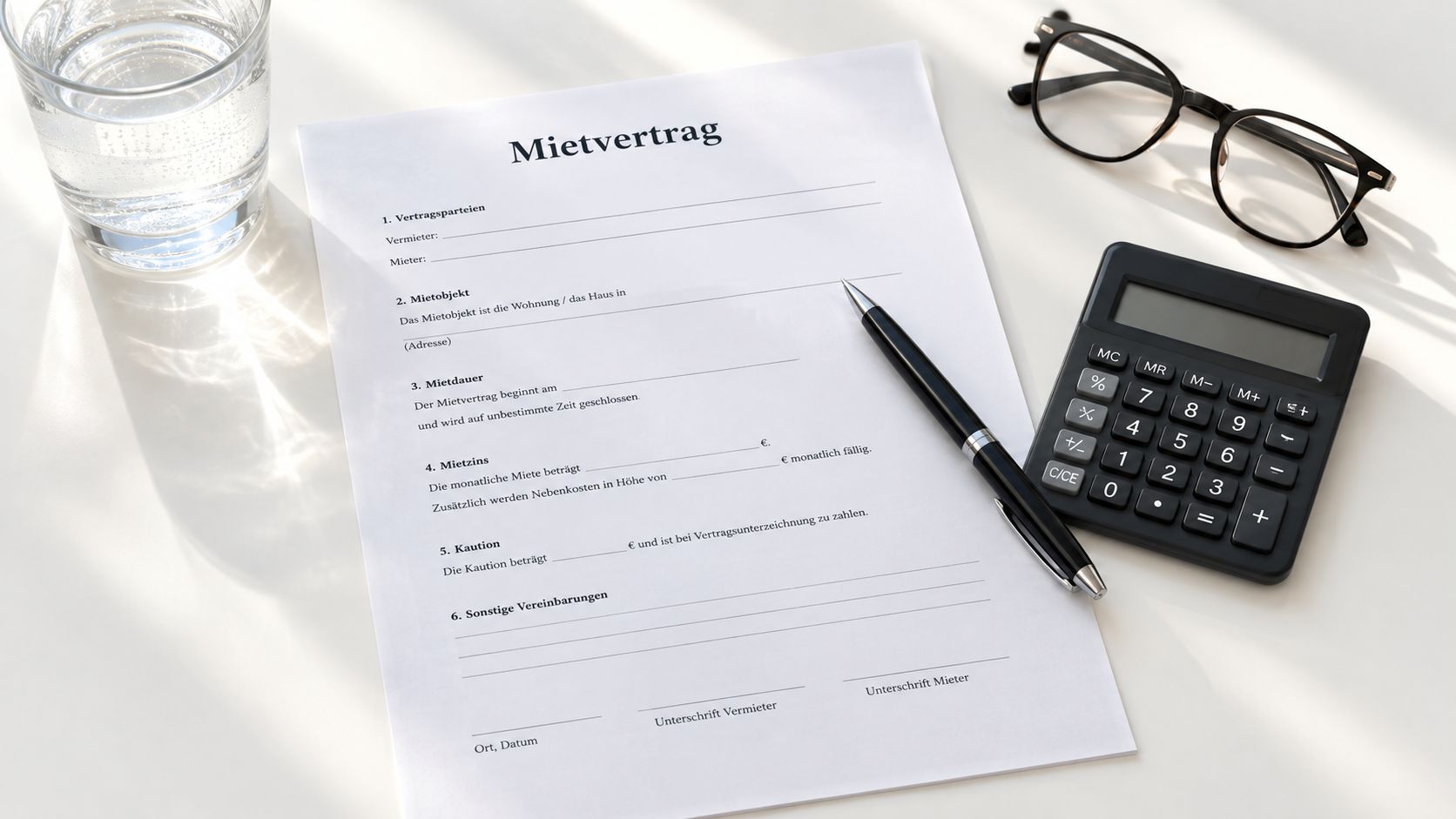 Ein Mietvertrag auf einem Schreibtisch mit Brille, einem Stift, einem Taschenrechner und einem Glas Wasser.