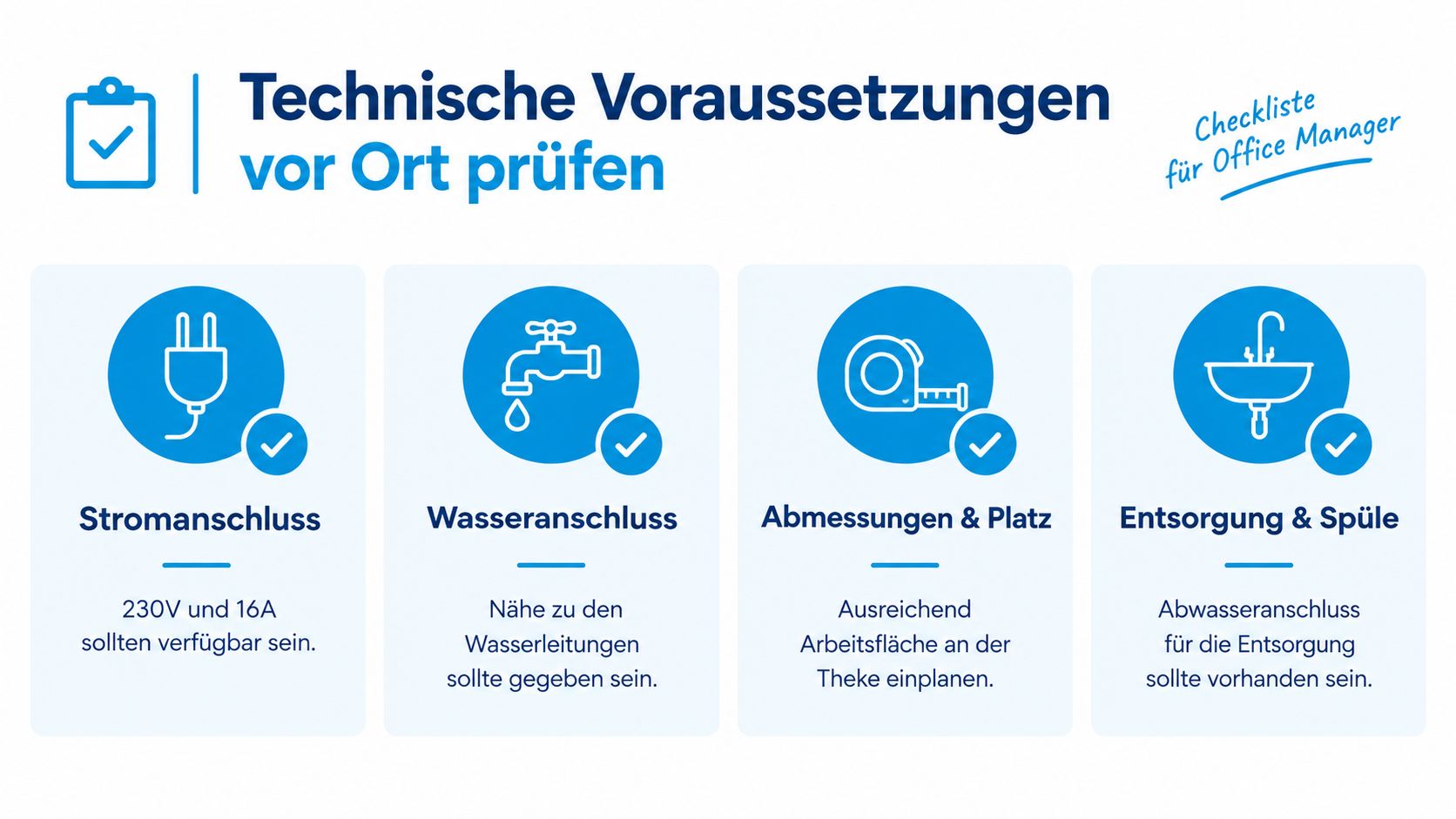 Checkliste für Office Manager zu den technischen Voraussetzungen vor Ort für eine Kaffeemaschine im Büro.
