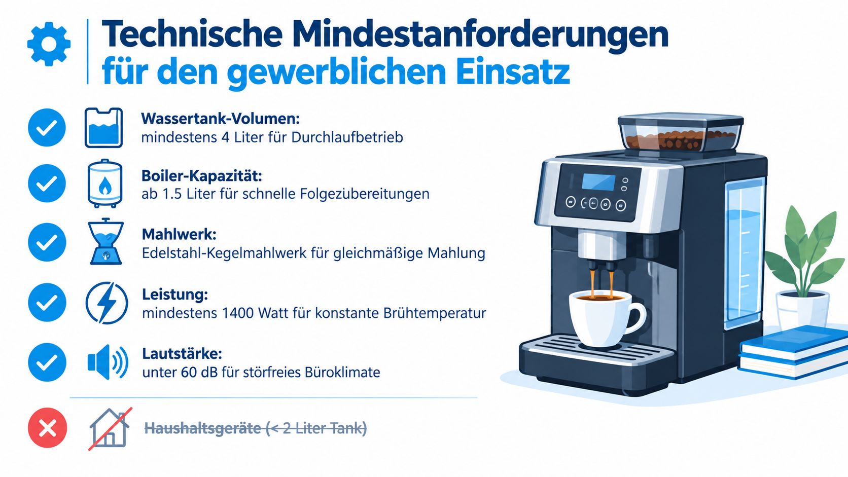 Infografik mit technischen Mindestanforderungen für gewerbliche Kaffeevollautomaten in Unternehmen und Büros