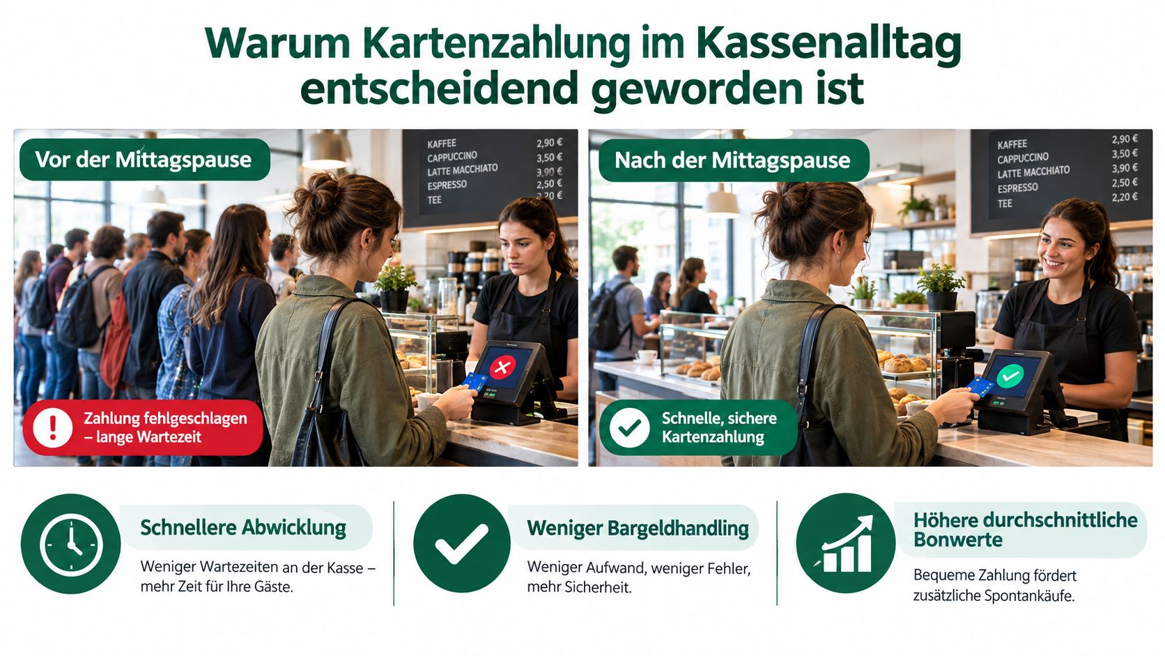 Vergleich zwischen langsamer Kartenzahlung mit Problemen und schneller, effizienter Abwicklung im Café zur Optimierung des Kassenalltags.