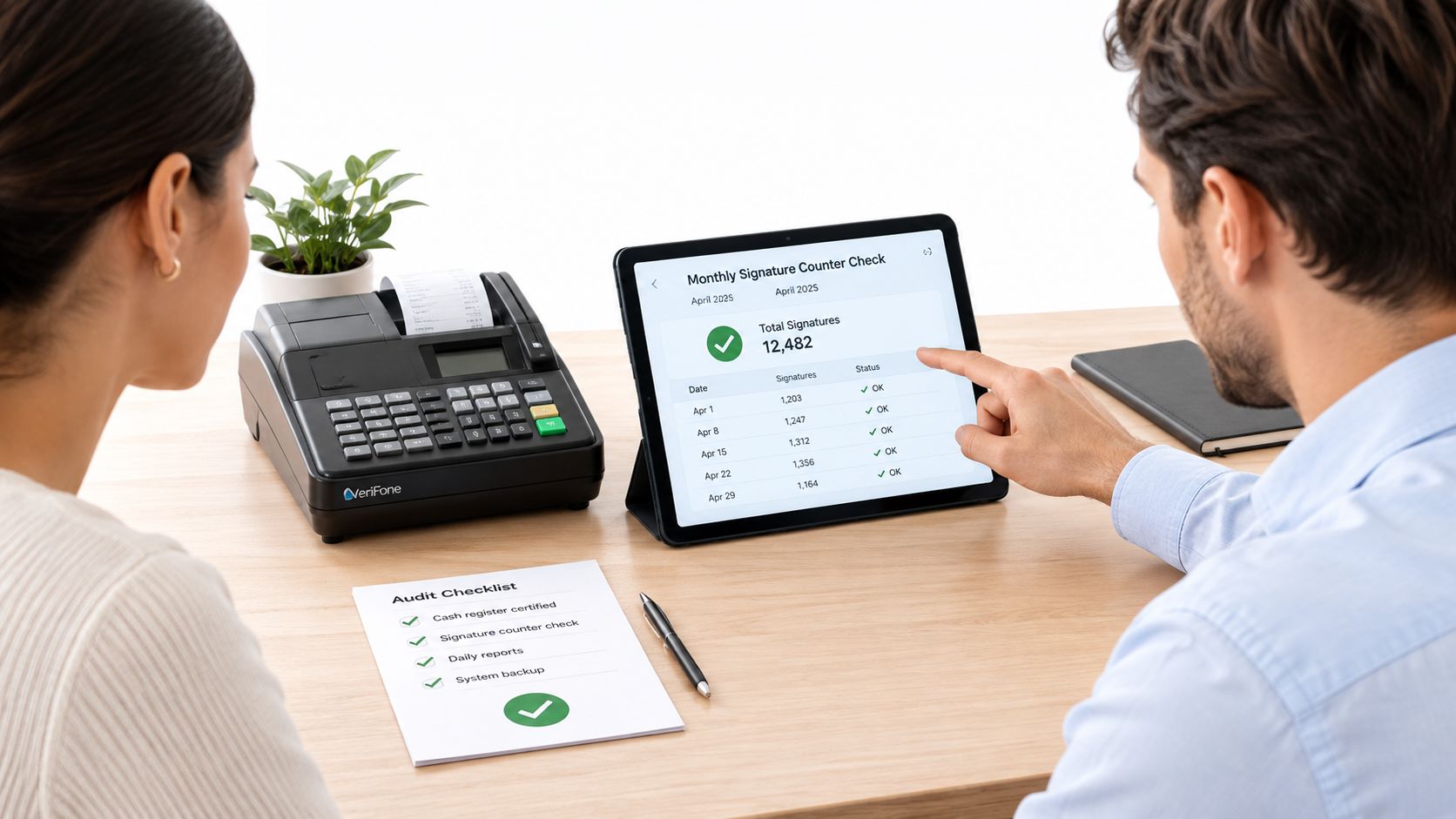 Ein Mann und eine Frau überprüfen gemeinsam an einem Tablet die Signatur-Zählerdaten für eine TSE-registrierte Ladenkasse.