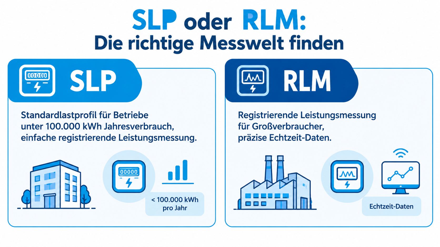 Grafik zum Vergleich von SLP Standardlastprofil und RLM registrierender Leistungsmessung für gewerblichen Stromverbrauch.