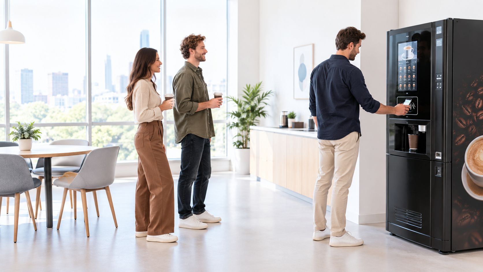 Drei junge Menschen warten in einem modernen Bürogebäude geduldig in einer Schlange vor einem Kaffeevollautomaten.