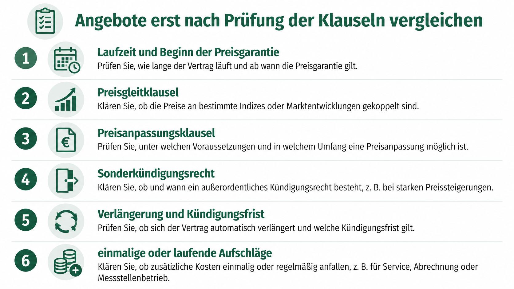 Infografik mit sechs wichtigen Punkten zum Vergleichen von Energieangeboten für Gewerbekunden durch eine gründliche Klauselprüfung.
