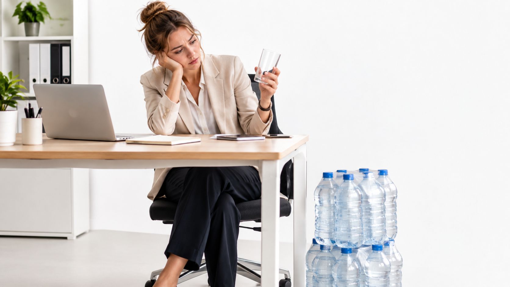 Eine erschöpfte Geschäftsfrau sitzt an ihrem Schreibtisch und schaut auf ein leeres Glas Wasser im Büro.