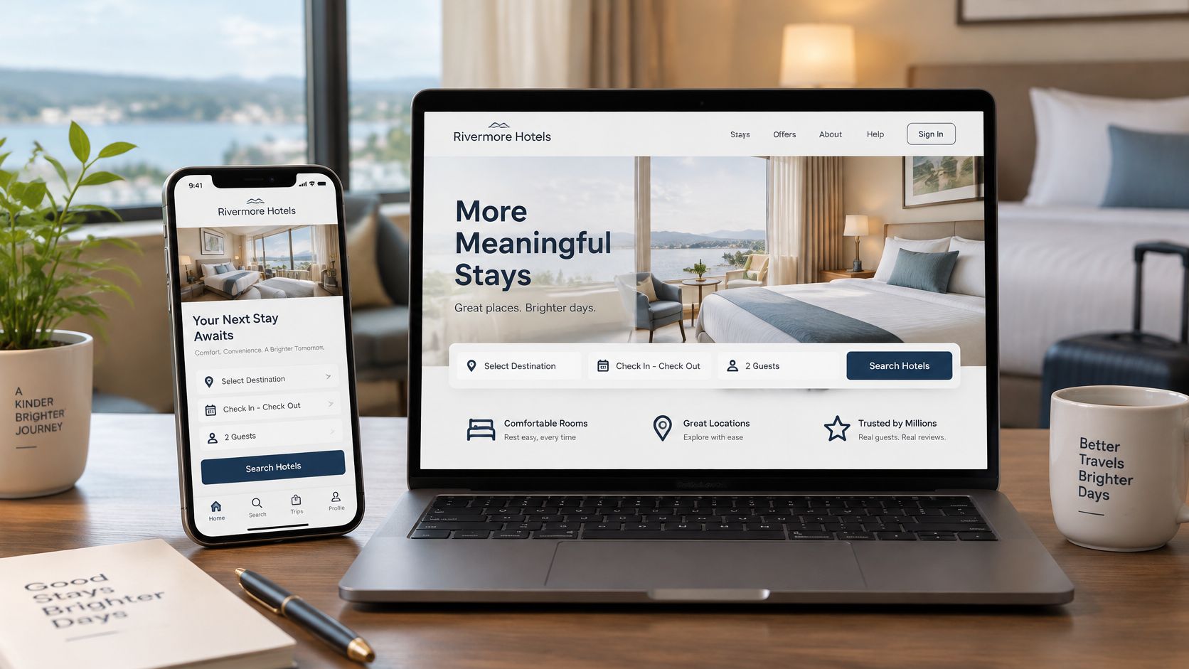 Ein Laptop und ein Smartphone zeigen die Website von Rivermore Hotels auf einem Schreibtisch im Hotelzimmer.