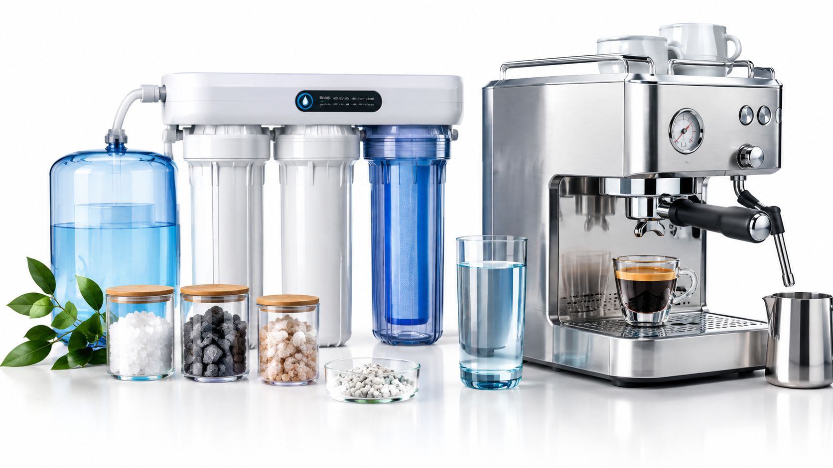 Ein moderner Wasserfilter und eine Espressomaschine stehen neben verschiedenen Gläsern mit Mineralien auf einem weißen Untergrund.