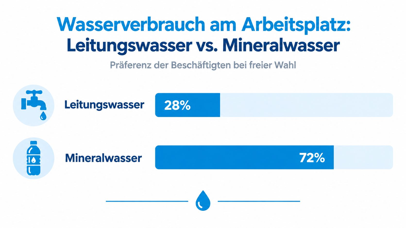 Eine Grafik zeigt die Präferenz von Beschäftigten zwischen Leitungswasser und Mineralwasser bei freier Wahl am Arbeitsplatz.