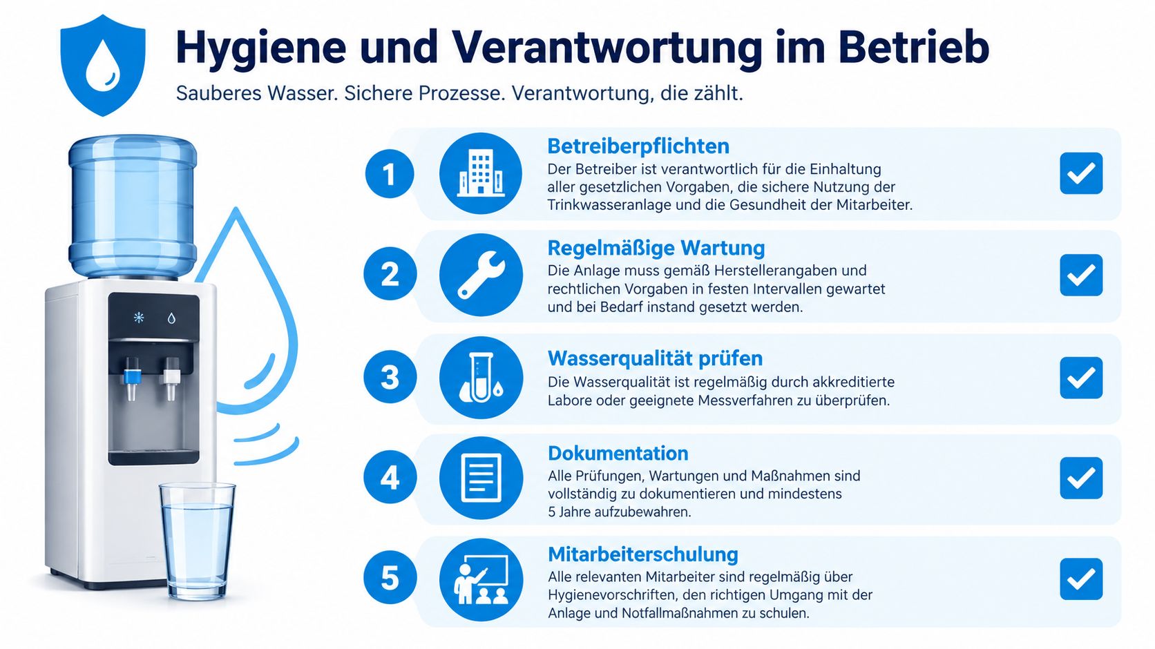 Infografik über Hygiene und Verantwortung beim Betrieb von Wasserspendern für Unternehmen mit fünf wichtigen Schritten.