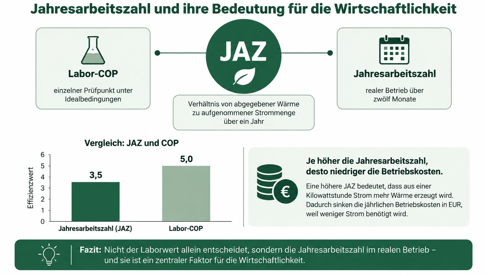 Eine Infografik, die den Unterschied zwischen der theoretischen Labor-COP und der realen Jahresarbeitszahl für Wärmepumpen erklärt.