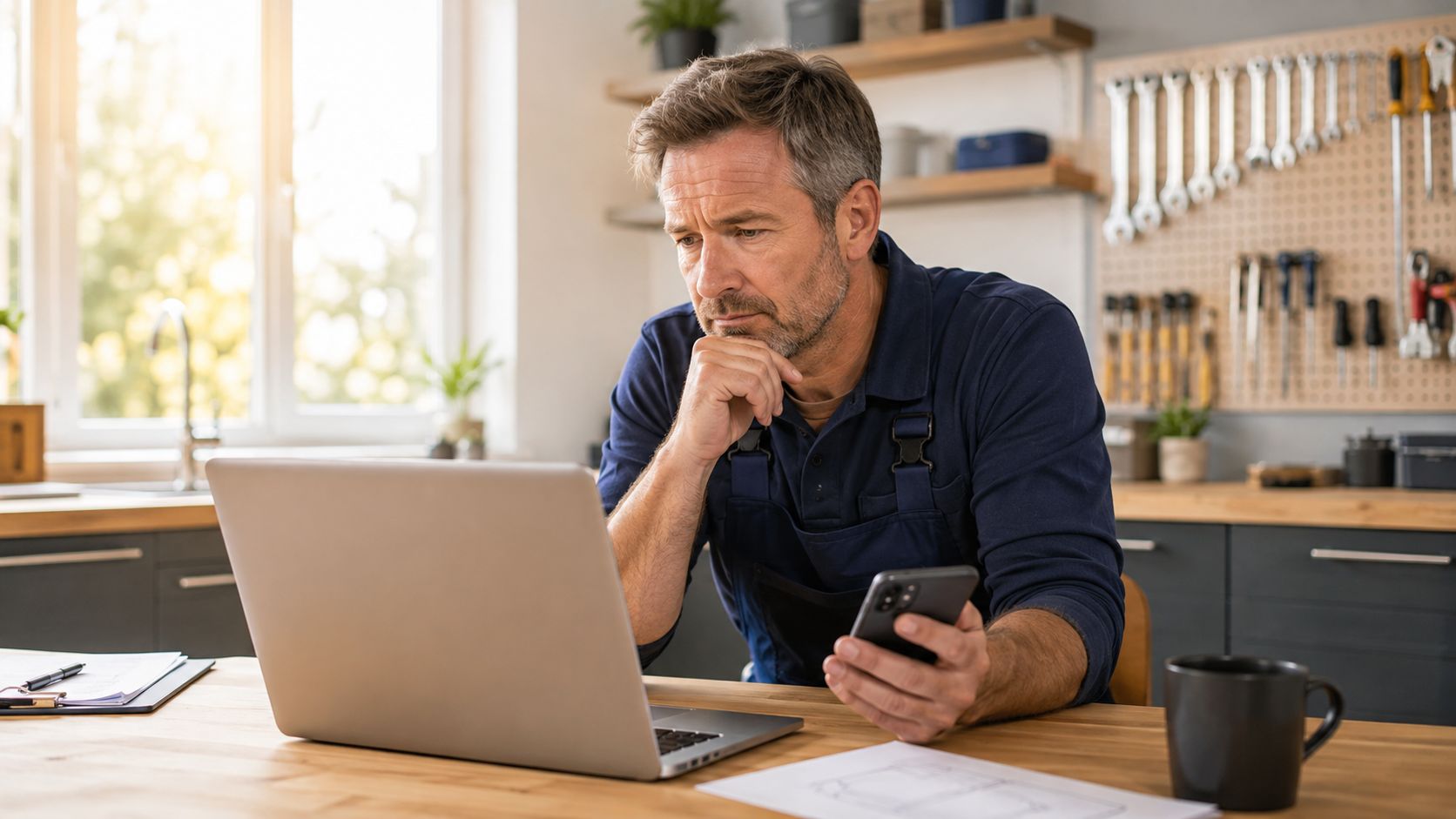 Ein konzentrierter Handwerker arbeitet mit einem Laptop und Smartphone an seinem Schreibtisch in einer modernen Werkstatt.