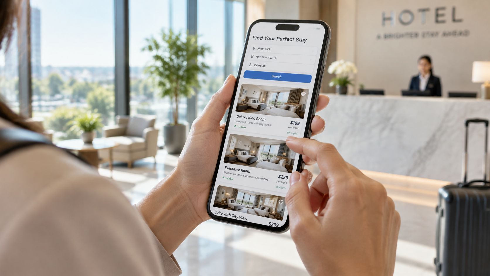 Eine Person bucht ein Hotelzimmer über eine mobile App auf einem Smartphone in einer Hotellobby.
