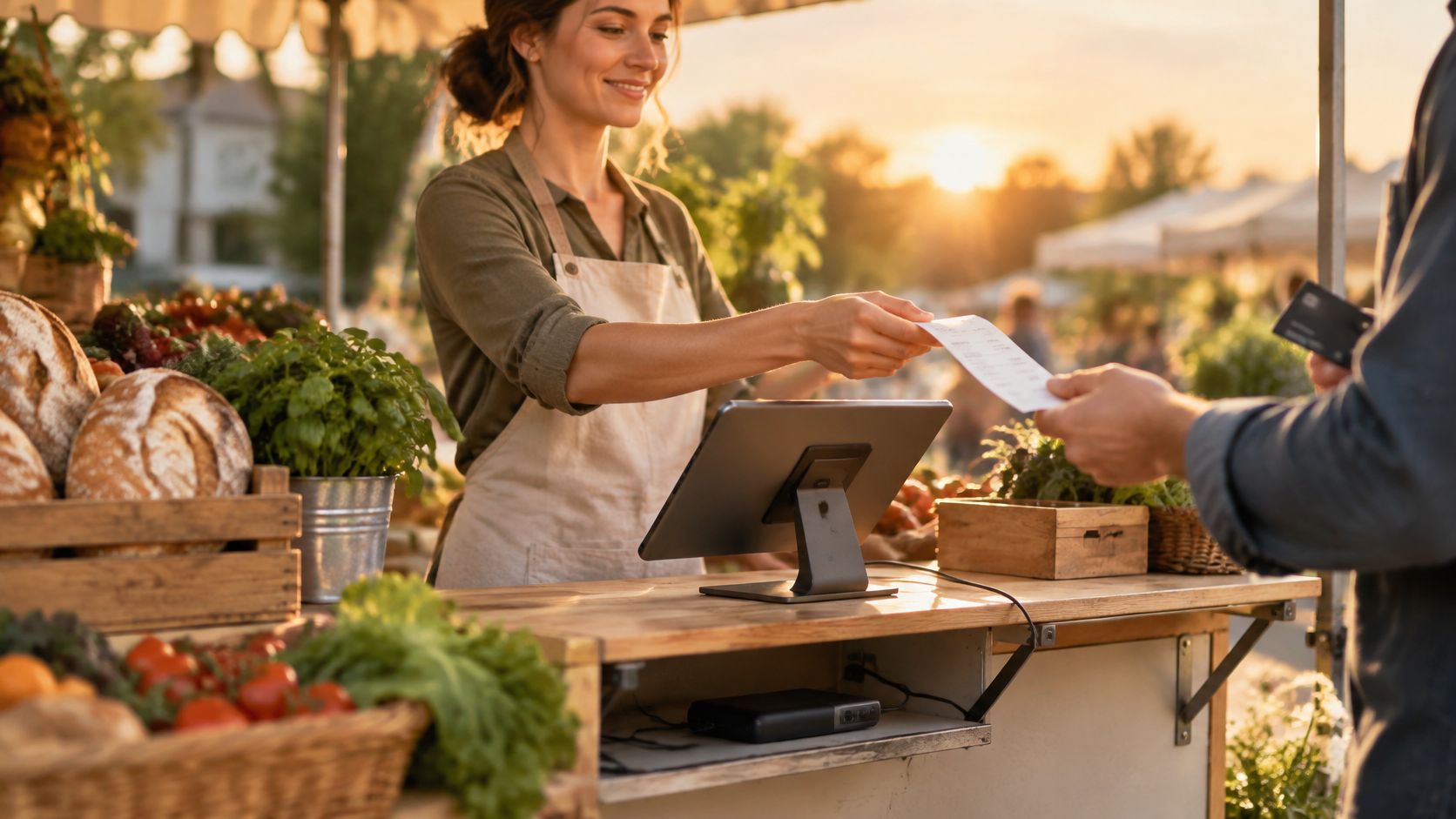 Eine lächelnde Verkäuferin überreicht einem Kunden an einem Marktstand einen Kassenbon nach einem Einkauf mit Kartenzahlung.