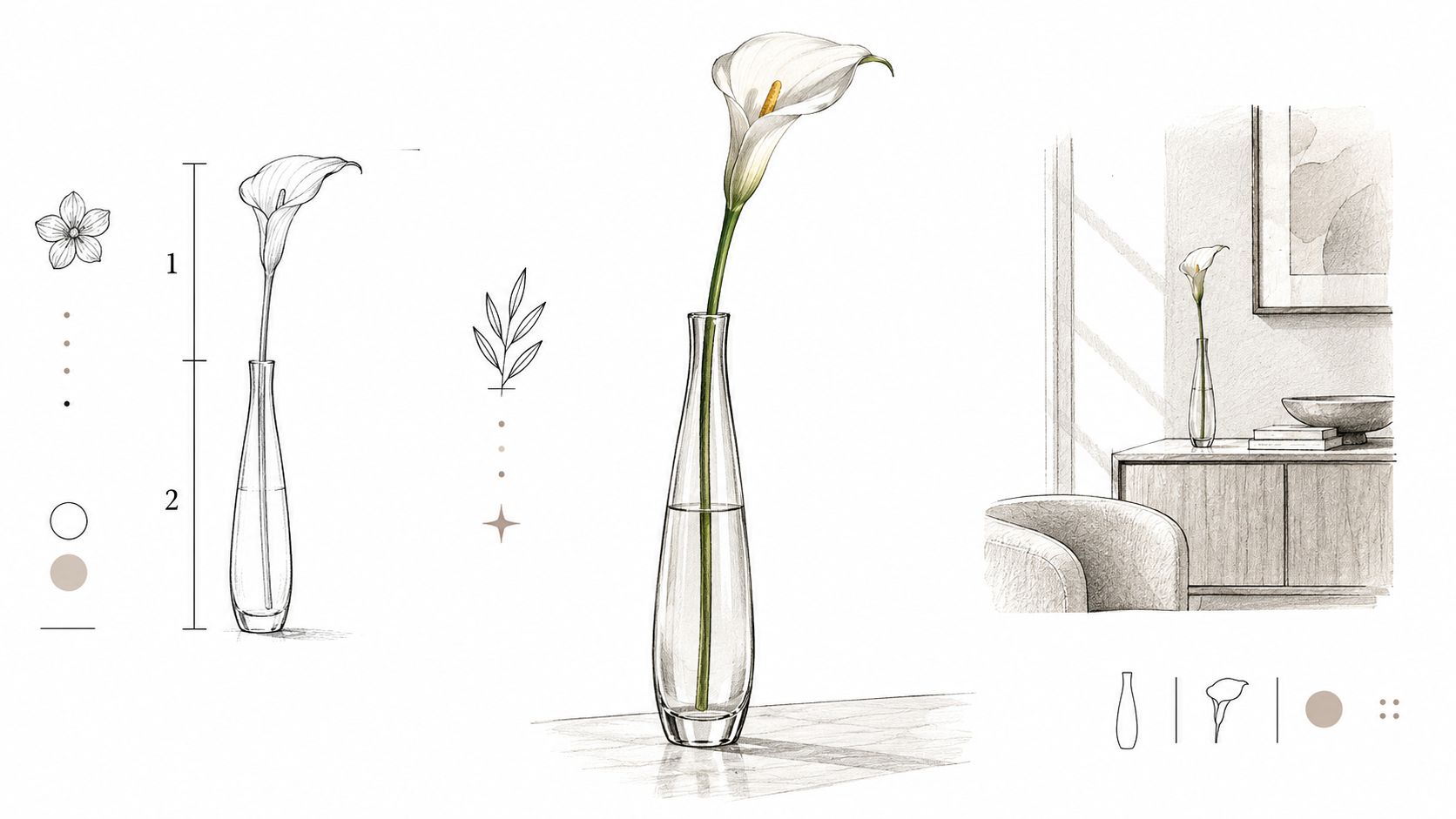 Disegno artistico che mostra un vaso di design con un singolo fiore di calla, illustrato in diverse composizioni.