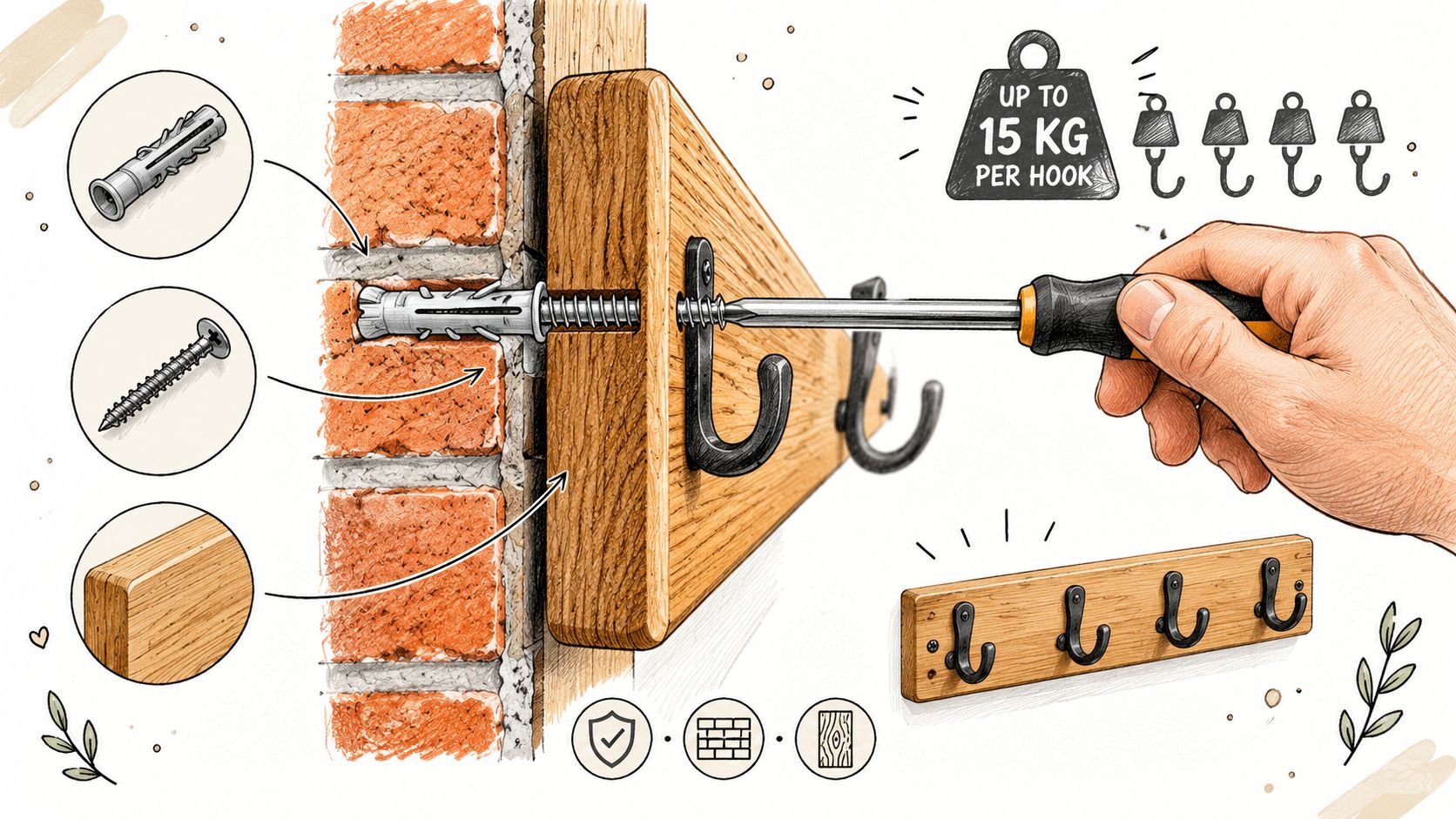 Illustrazione tecnica che mostra l'installazione di un attaccapanni a muro in legno con tasselli e viti.