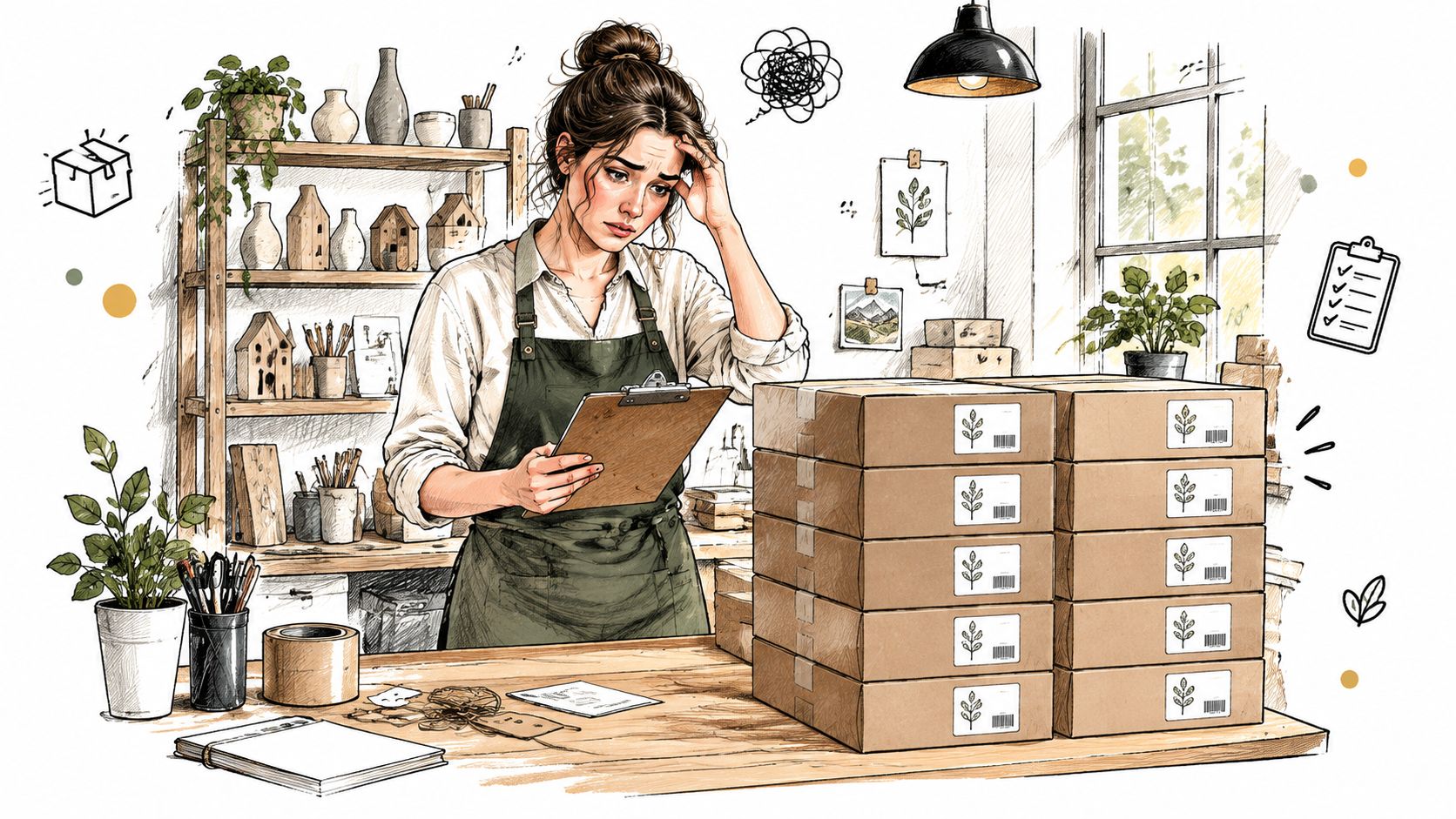 Una giovane donna che lavora come artigiana sembra stressata mentre organizza scatole di spedizione nel suo laboratorio.