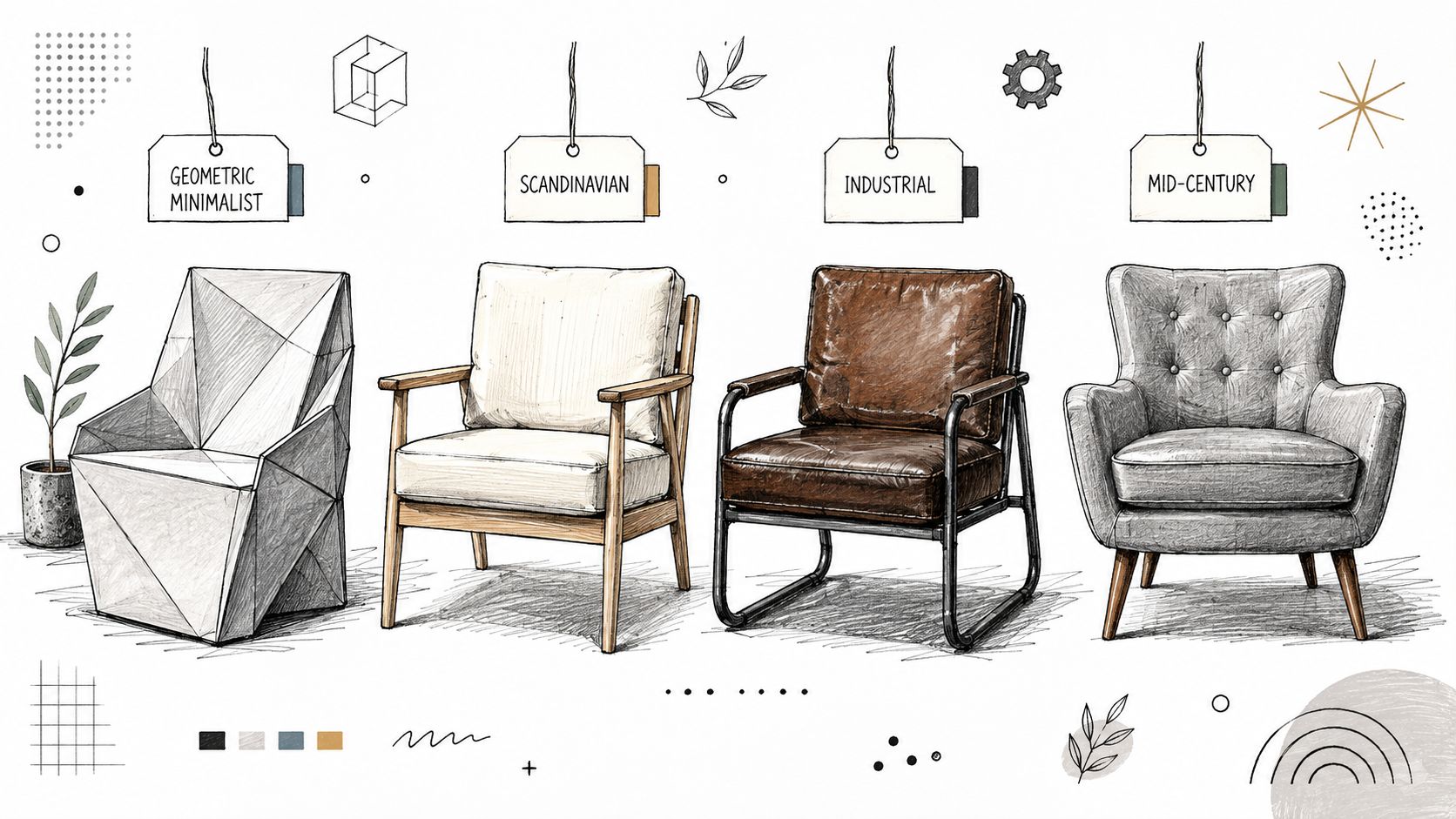 Quattro diversi stili di poltrone di design: geometrica, scandinava, industriale e mid-century rappresentate in uno schizzo artistico.