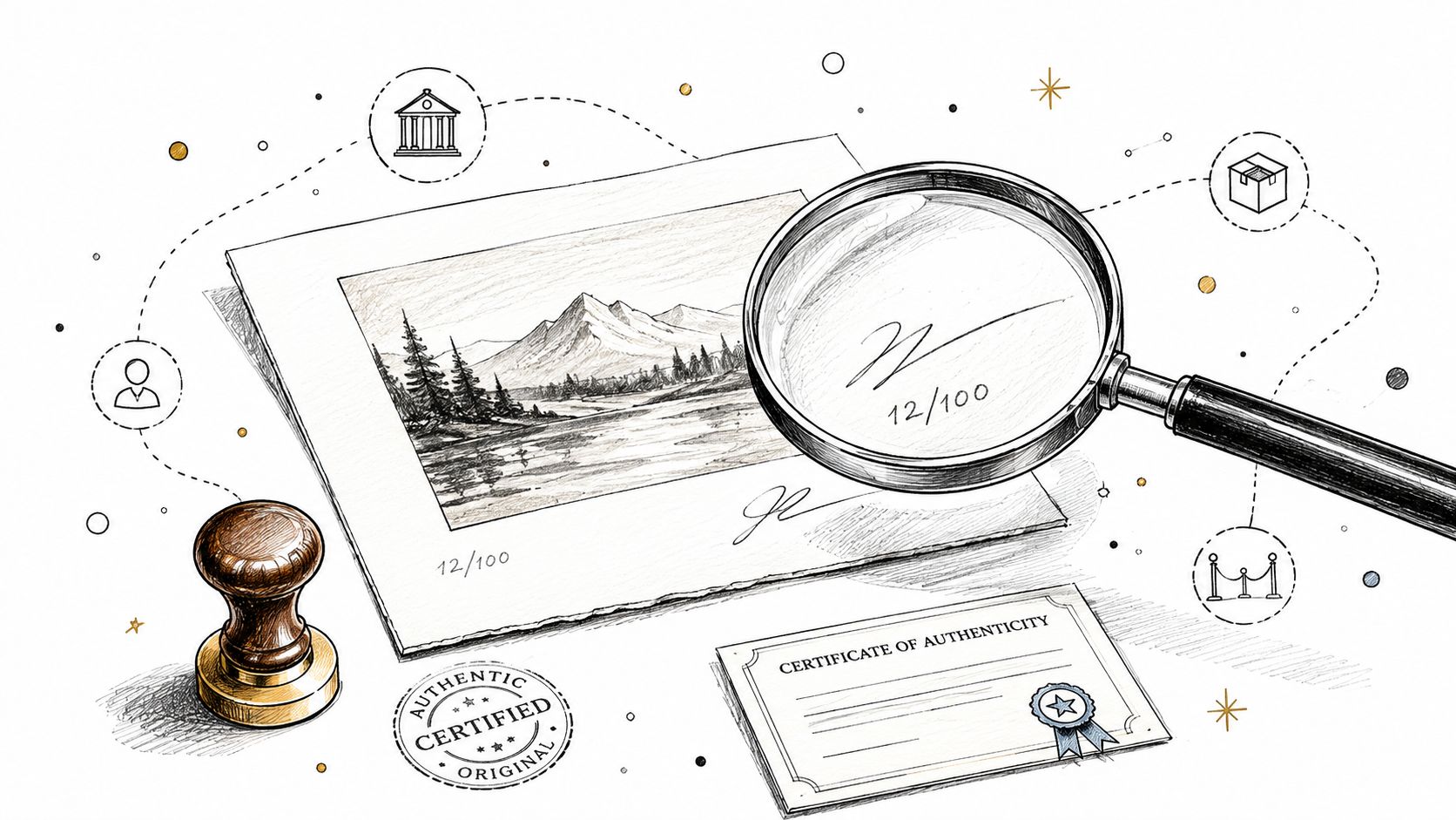 Un disegno di montagna sotto una lente d'ingrandimento accanto a un certificato di autenticità e un timbro.