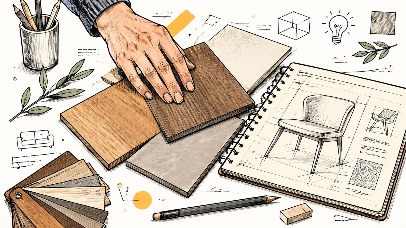 Progettista di interni che esamina campioni di legno per mobili moderni su misura su un tavolo da lavoro.